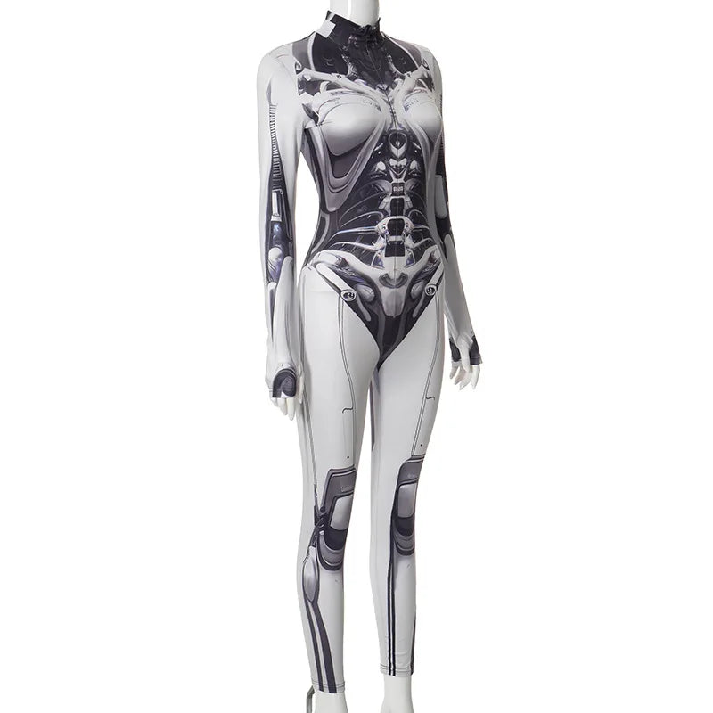 3D Printed Cosplay Bodycon Jumpsuits Y2k Techwear Long Sleeve Gothic Punk Playsuits Anime Women Mock Neck Zip Bodysuit