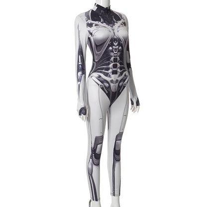 3D Printed Cosplay Bodycon Jumpsuits Y2k Techwear Long Sleeve Gothic Punk Playsuits Anime Women Mock Neck Zip Bodysuit