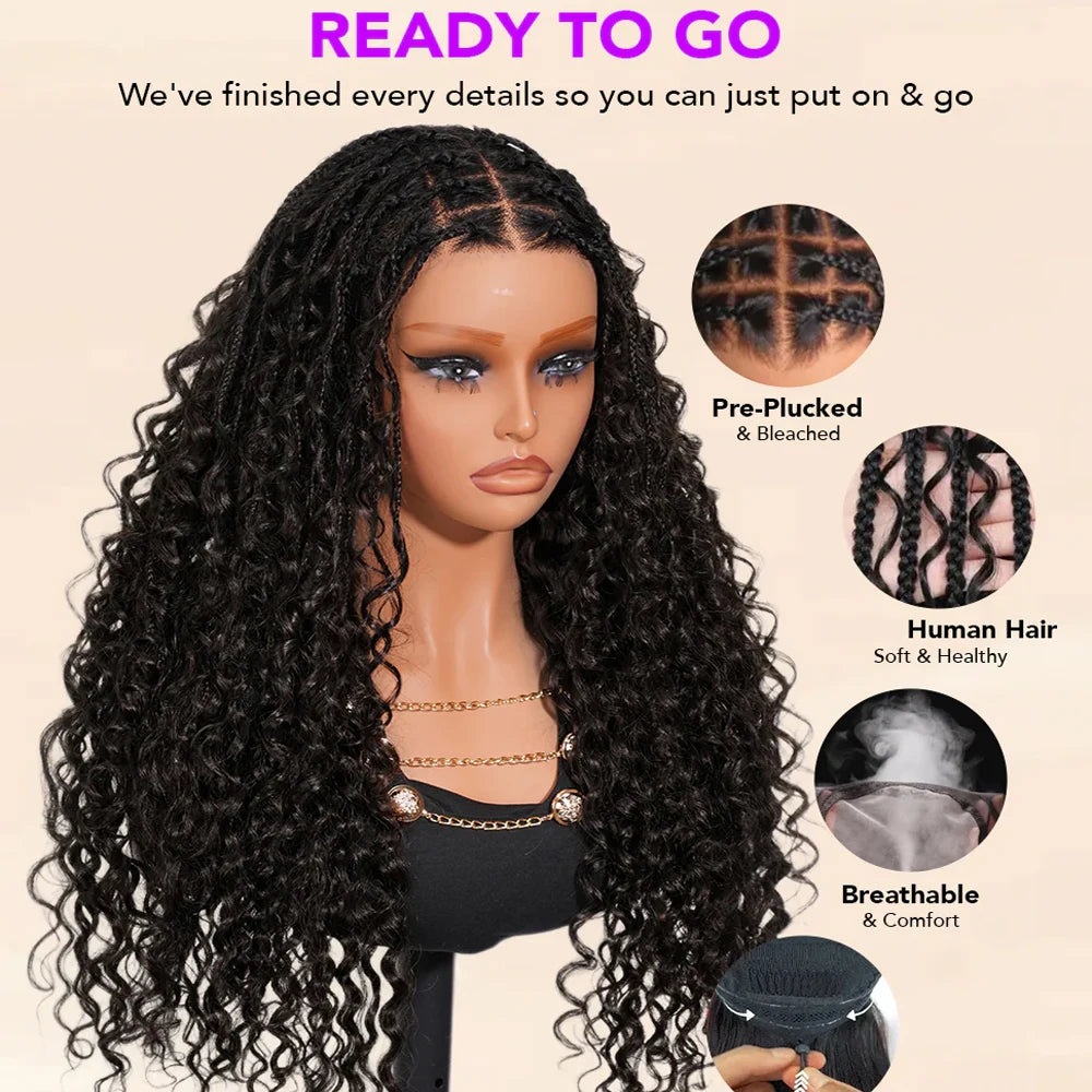 Glueless Knotless Braided Wigs Water Wave 13x6 HD Lace Human Hair Frontal Wigs Pull Go Gluless Wigs Human Hair With Drawstring