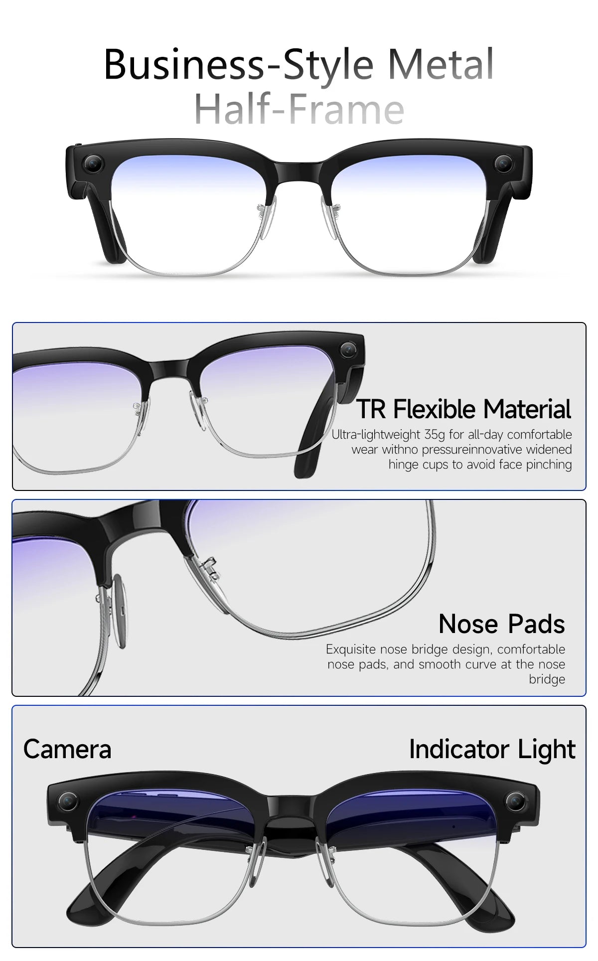 AI Smart Glasses Camera 2026 Bluetooth Headphones Translator Sunglasses Touch Control Photochromic Anti Blue Light Eyeglasses