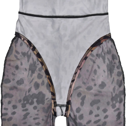 Sexy Bodycon Jumpsuits Women Clothes Leopard Mesh Print Semi Perspective Jump Suit Long Sleeve Bodysuit Nightclub Club Clothes