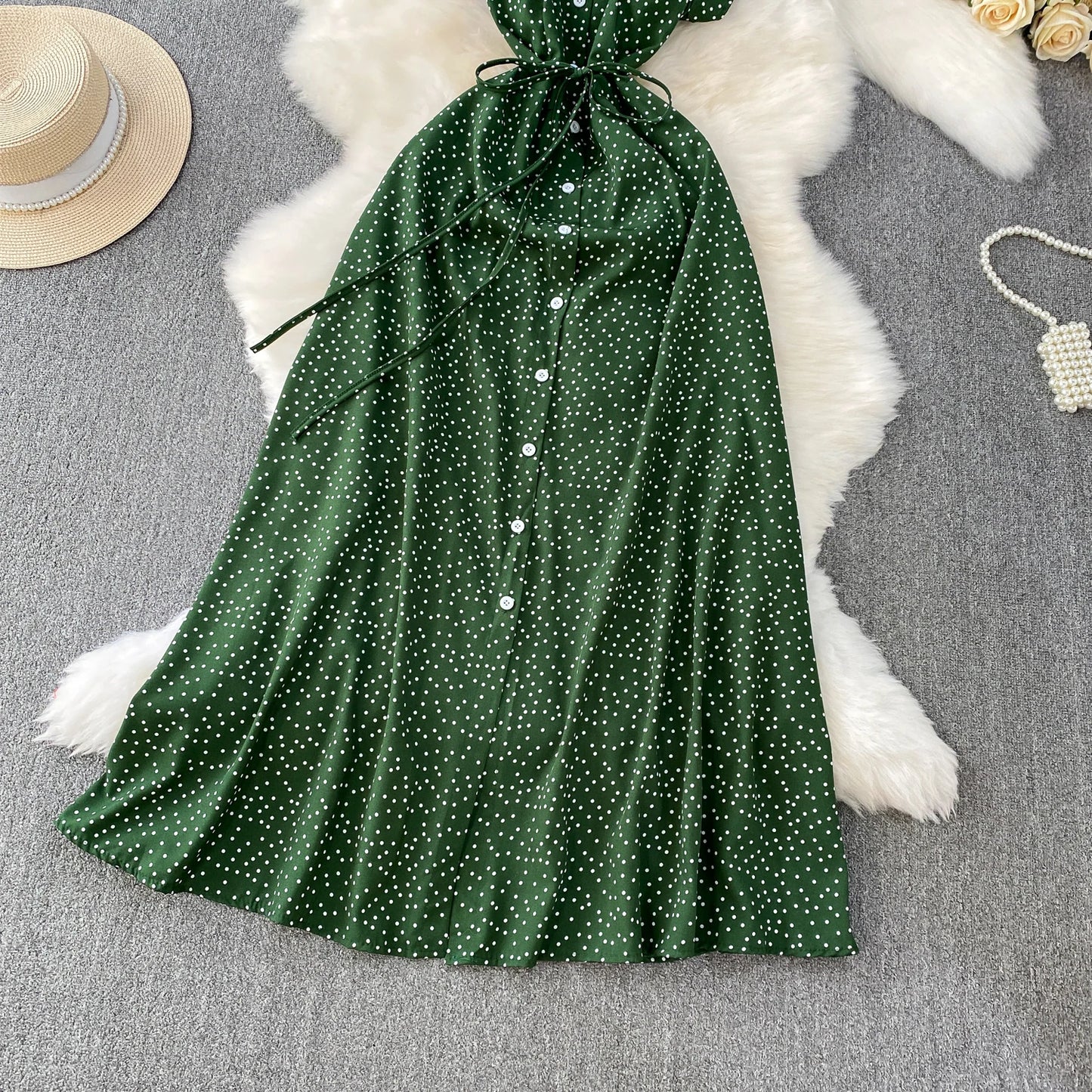 Summer Women Polka Dot Long Dress Vintage V-Neck Flying Sleeve High Waist Single Breasted A-Line Casual Vestidos Female Robe New