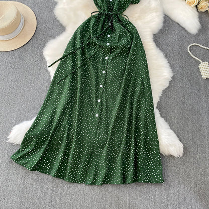 Summer Women Polka Dot Long Dress Vintage V-Neck Flying Sleeve High Waist Single Breasted A-Line Casual Vestidos Female Robe New