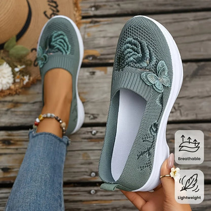 2026 Summer Women Breathable Knit Floral Embroidery Platform Loafers Slip On Walking Shoes Lightweight Soft Cushion Insole Anti Slip Wedge Sole Comfort Casual Daily Outdoor Travel Nurse Footwear Black Khaki Green Multiple Siz