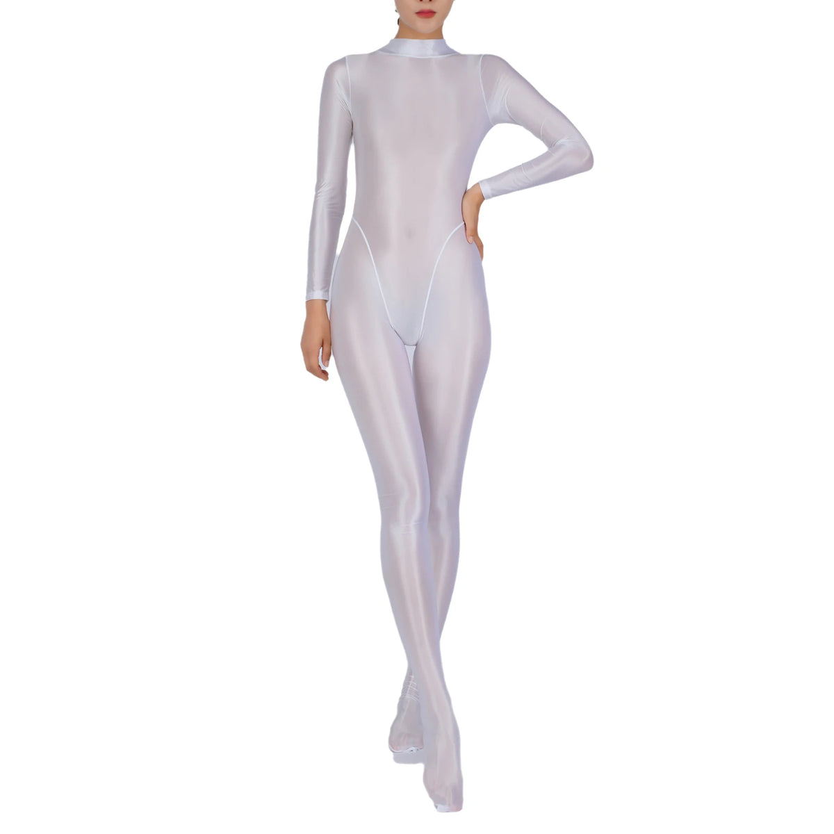 Women Glossy Full Body Jumpsuit Gym Yoga Tights Rompers Mock Neck Long Sleeve Footed One Piece Jumpsuit Clubwear Sportwear