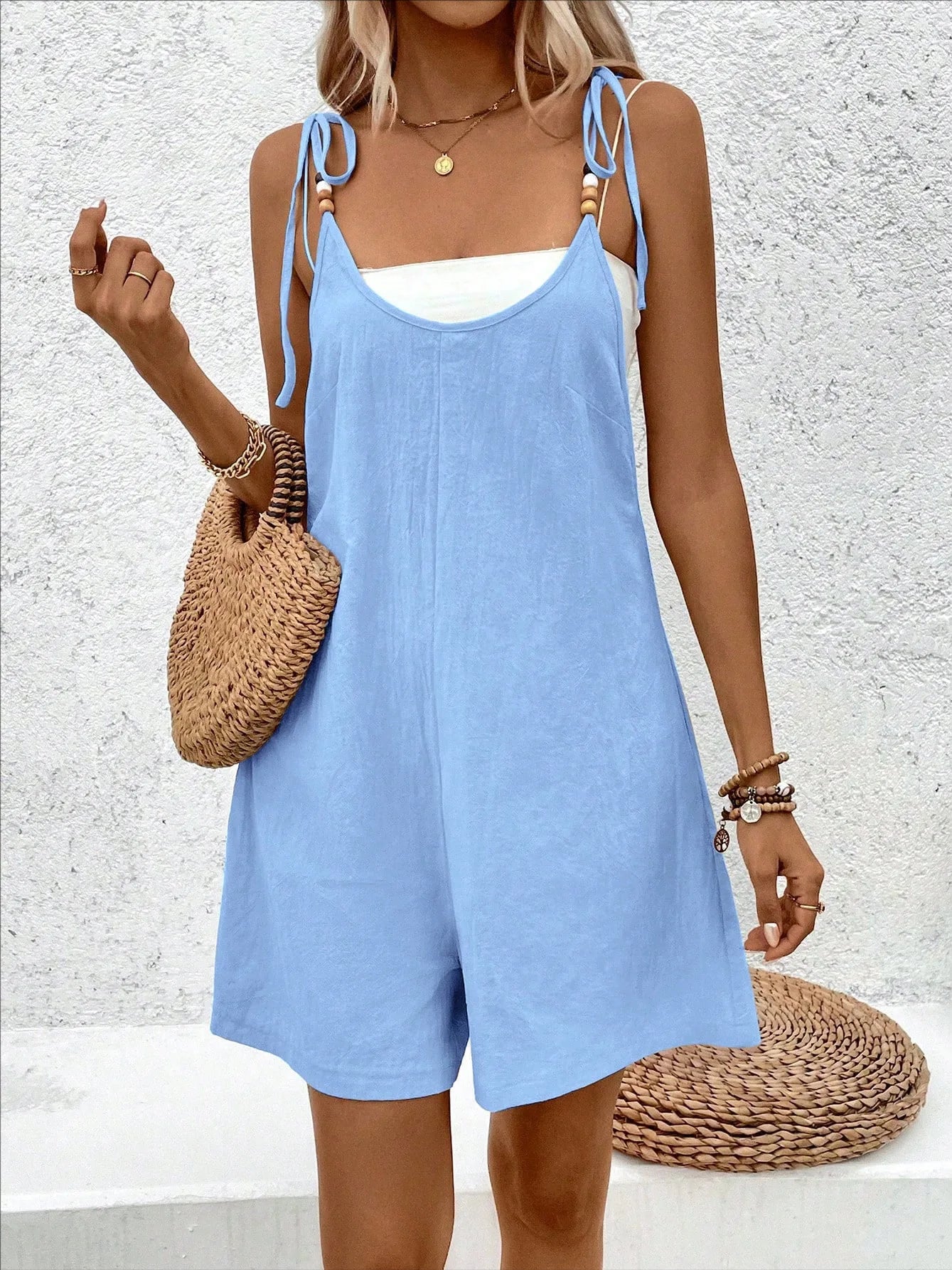 Women's spaghetti strap suspender shoulder short jumpsuit solid color loose wide leg jumpsuit summer casual beach style