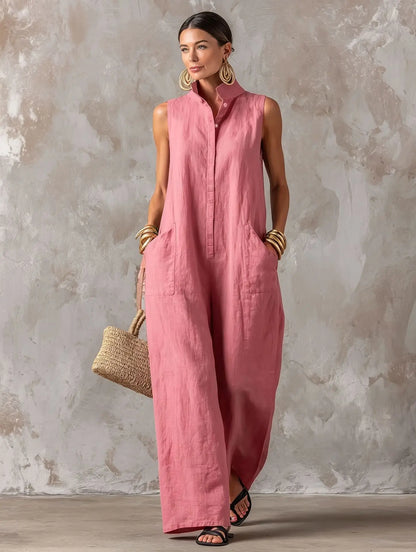 Elegant Women's Sleeveless Linen Blend Jumpsuit Button Down Collared Romper Casual Loose Summer Beach Vacation Boho Jumpsuits