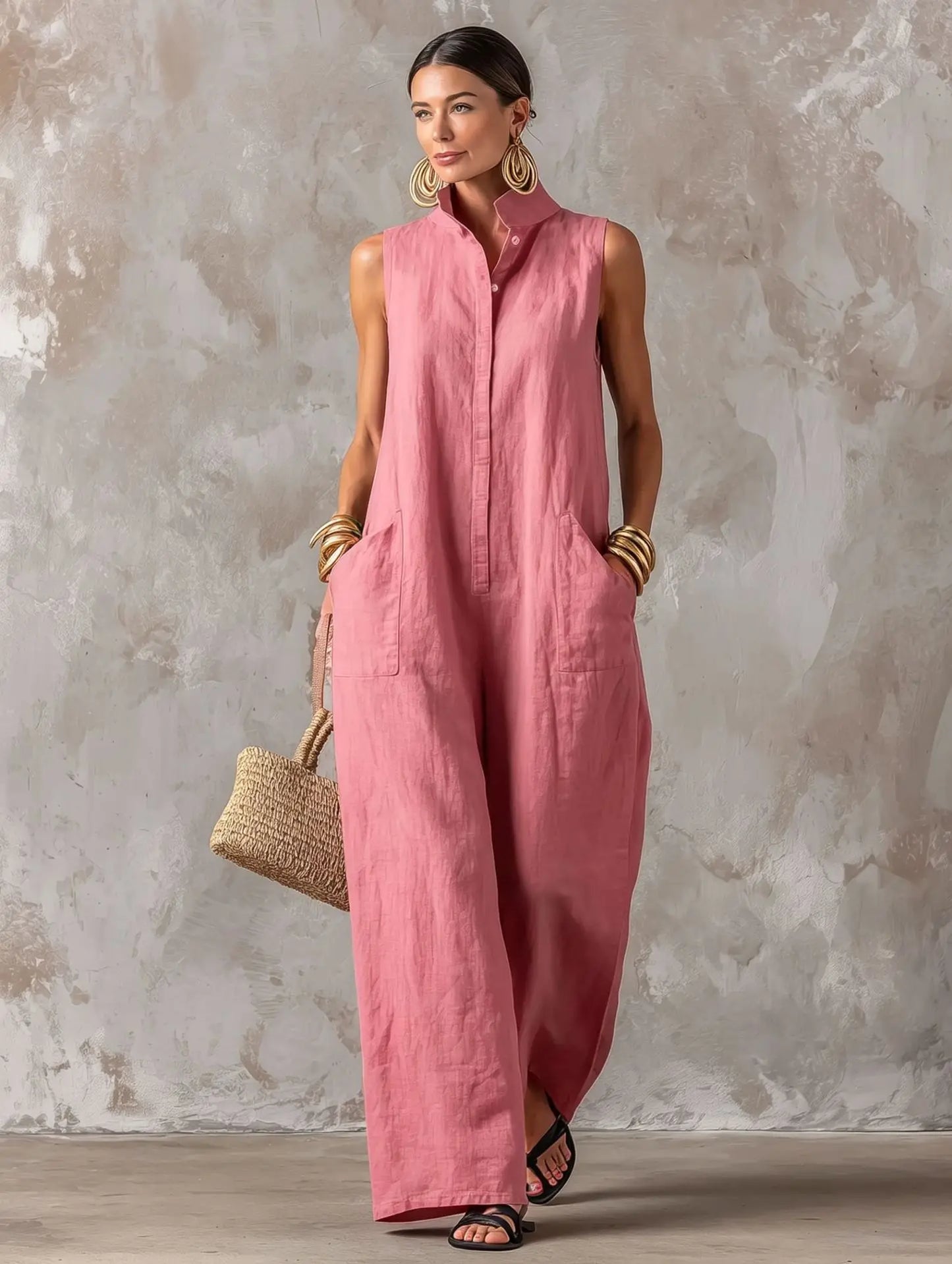 Elegant Women's Sleeveless Linen Blend Jumpsuit Button Down Collared Romper Casual Loose Summer Beach Vacation Boho Jumpsuits