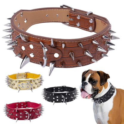 Width 2 Inch Anti-bite Spiked Dog Collars Adjustable PU Leather Necklace Heavy Duty Sharp Rivets Pet Collar Outdoor Dog Walking