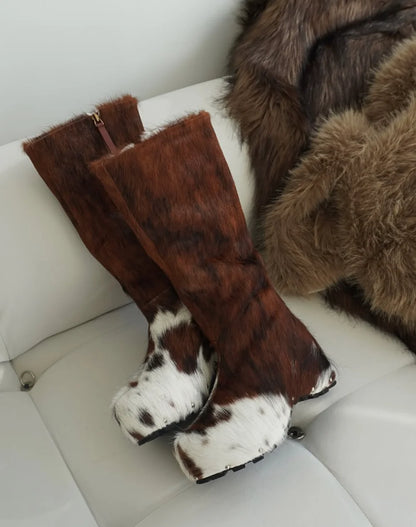 Western Style Side Zip Closure Print Tall Boots Brown White Cow Knee High Boots Metal Rivets Round-Toe Height-Increasing Design