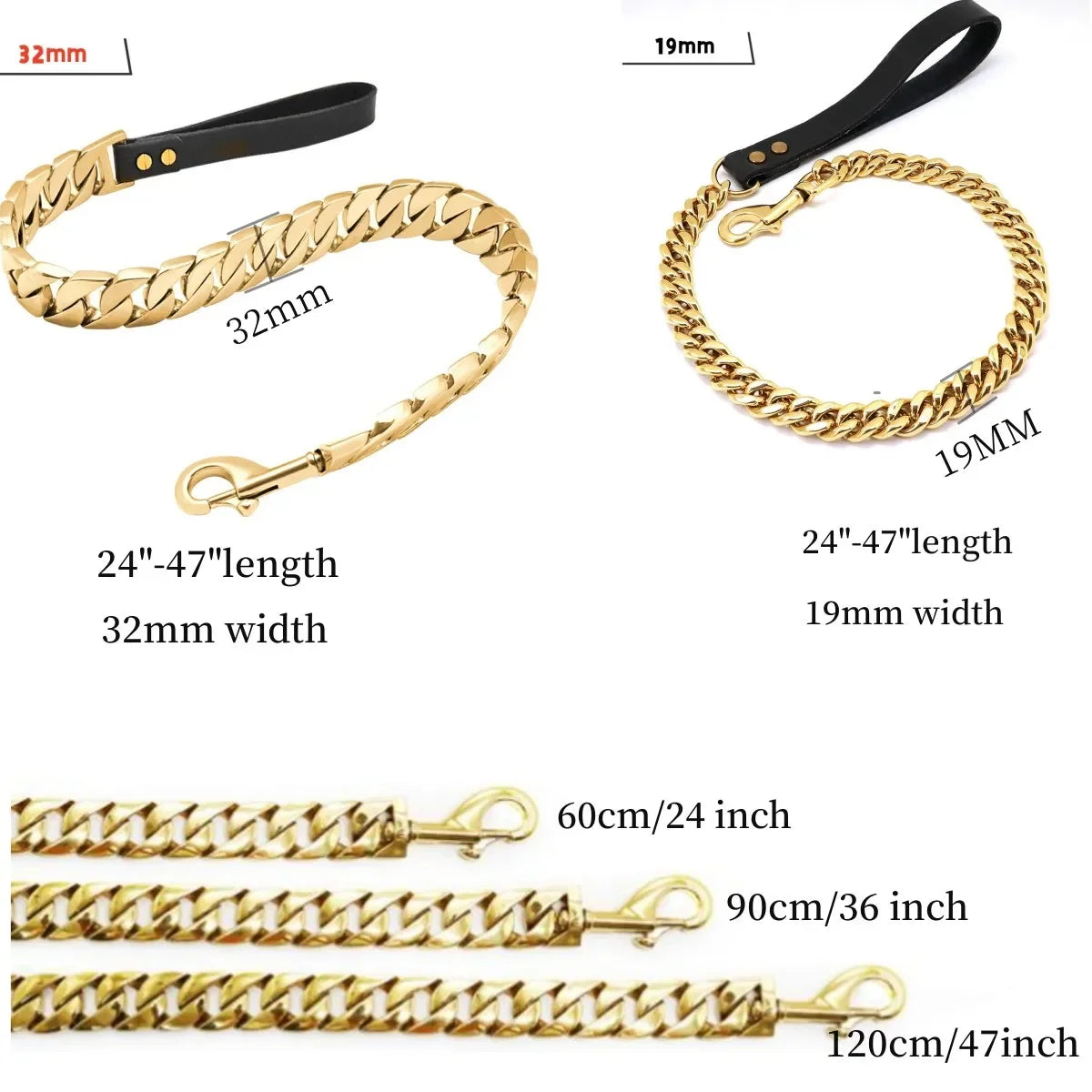 Traction Solid Super Strong Gold Collar Stainles Steel Dog Leash Pet Lead Chain 32mm 19mm Bulldog Pitbull Large Dog Collar Leash