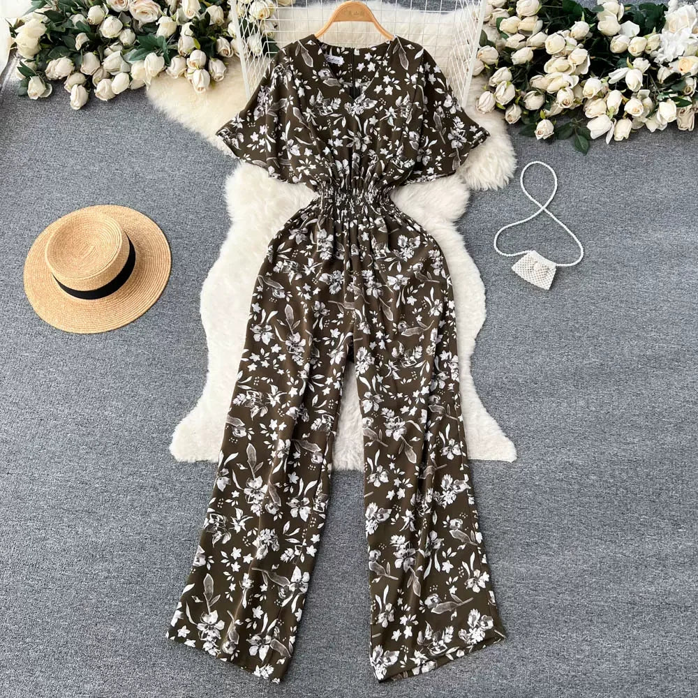 2026 New Summer Beach Summer Floral Jumpsuits Fashion V Neck Elastic Slim Short Sleeve Streetwear Vacation Retro Long Rompers