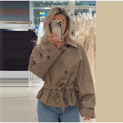 Plaid Cropped Trench Coat Lapel Collar Double Breasted Belted Waist Long Sleeve Women All-match Coats 2026 Autumn Commute Outfit