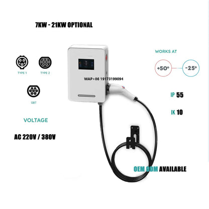 Commercial Use  4.3-Inch IP66 Protected 7KW 22KW 32A 5m Cable New GB Standard Wall-Mounted Charging Station for EV Cars