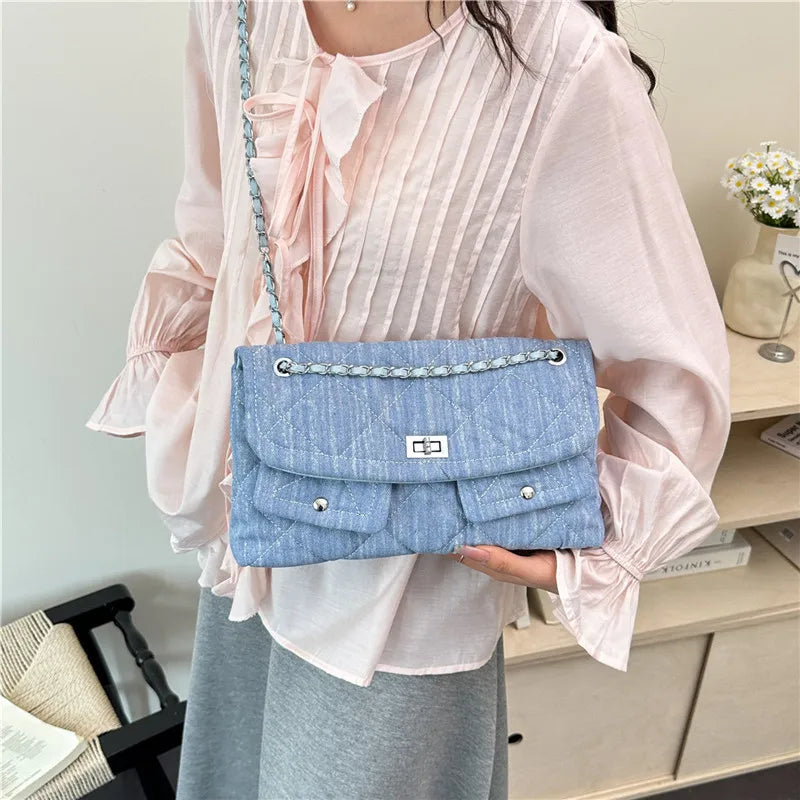 Korean Brand Shoulder Bag 2026 New Denim Side Bags for Women Ladies Crossbody Solid Fashion Chain Designer Daily Commuter City