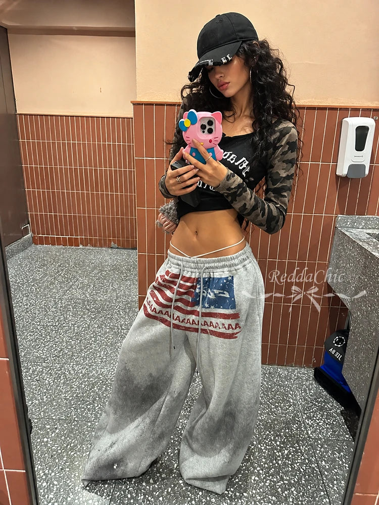 ReddaChic American Flag Baggy Sweatpants Gray Drawstring Hiphop Casual Wide Leg Parachute Joggers Kpop Jazz Dance Women Trousers