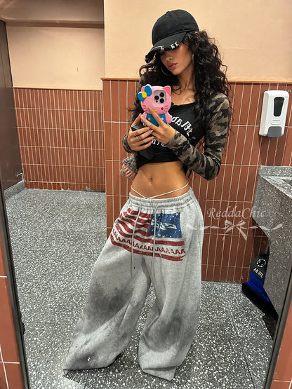 ReddaChic American Flag Baggy Sweatpants Gray Drawstring Hiphop Casual Wide Leg Parachute Joggers Kpop Jazz Dance Women Trousers