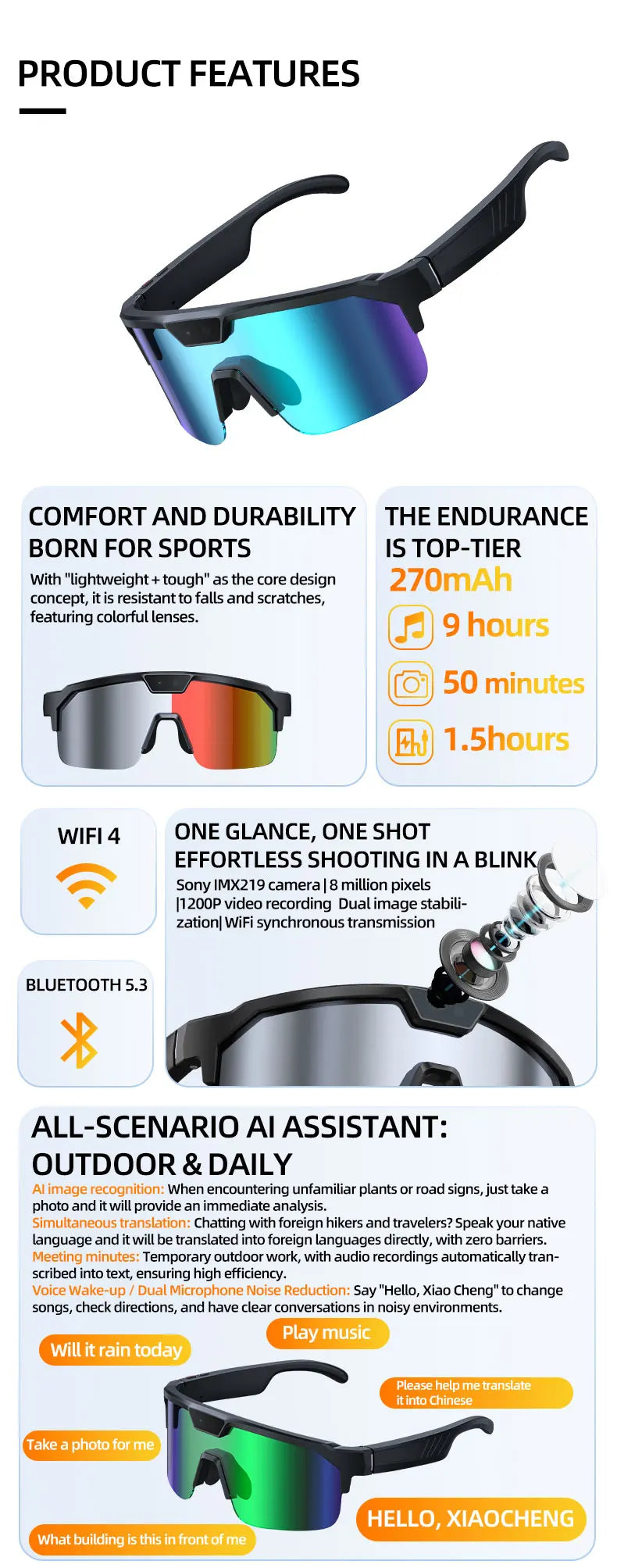 AI Smart Glasses 2026 New, 1200P HD Camera, 30MP Photo, Real Time Translation, Voice Control, Wireless 5.3 for Outdoor Vlog Use