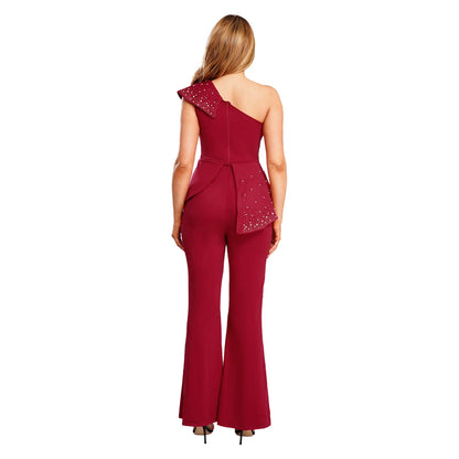 Womens Elegant Wedding Party Jumpsuit Shiny Beads One Shoulder High Waist Rompers Club Evening Banquet Birthday Formal Bodysuit