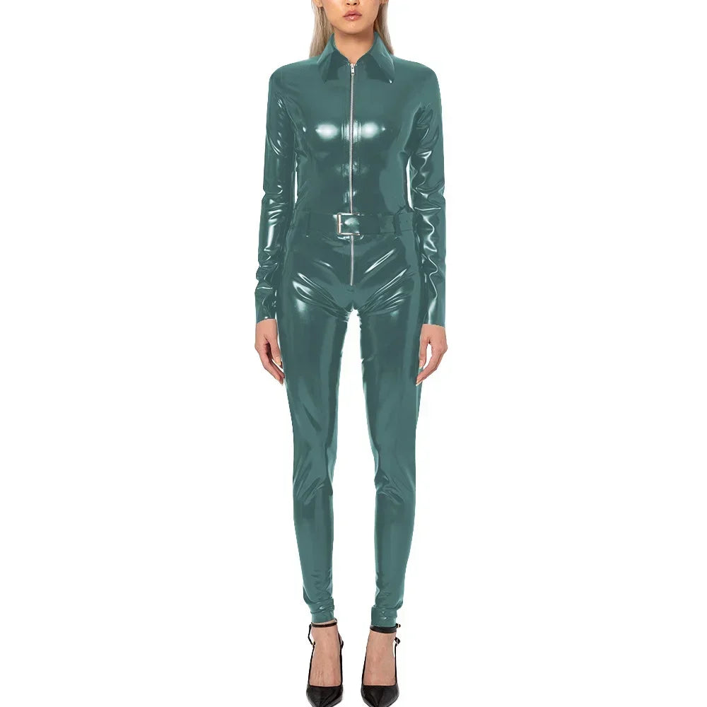 Plus Size Faux Latex Catsuit Elastic PVC Leather Zipper Long Sleeve Jumpsuit Tight Sexy Cosplay Rompers Ankle-length Club Zentai