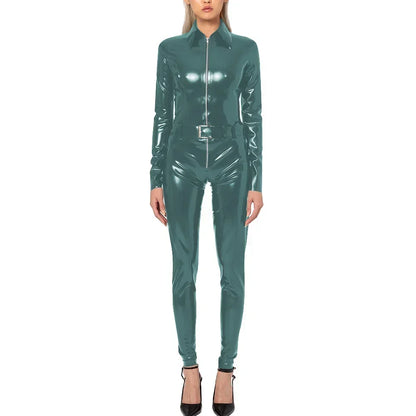 Plus Size Faux Latex Catsuit Elastic PVC Leather Zipper Long Sleeve Jumpsuit Tight Sexy Cosplay Rompers Ankle-length Club Zentai