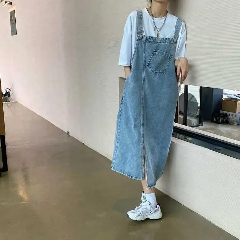 Korean style Denim Overall Dress Women Sleeveless Jeans Dresses Female Solid Slip Casual Loose Spaghetti Strap Dresses