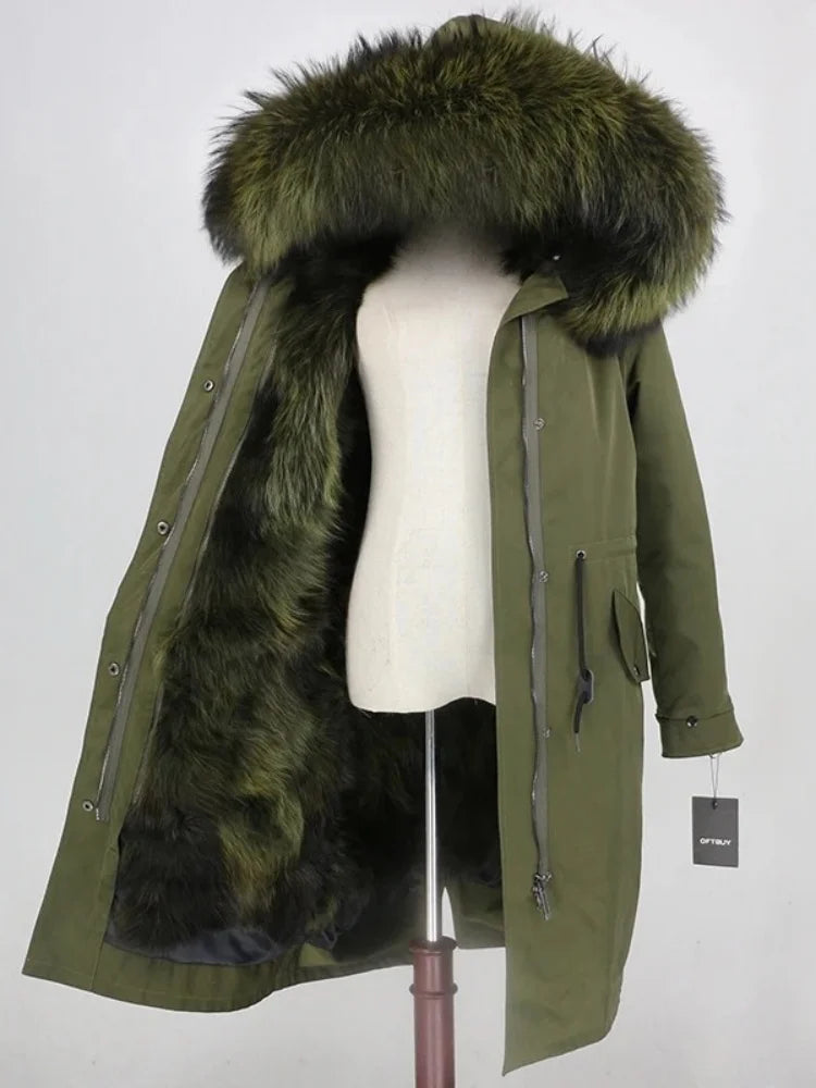 Real Fur Coat Winter Jacket Women Long Parka Waterproof Big Natural Raccoon Fur Collar Hood Thick Warm Real Fox Fur Liner coat