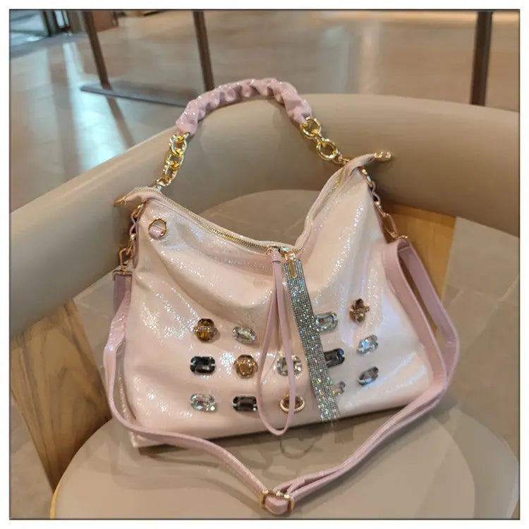 2026 New Fashion Diamonds Women Handbags Genuine Leather Tote Bag Large Capacity Work Commute Leisure Versatile Shoulder Bags
