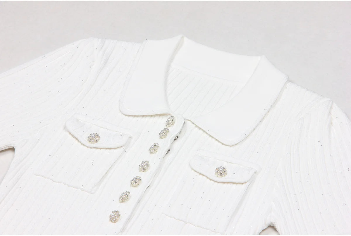 ZJYT Runway 2025 Women's Fashion Summer Knitted Sweater Dress Designer Turn-Down Collar Mini Party Dress Blue White Vestidos