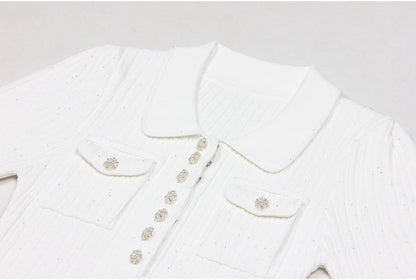 ZJYT Runway 2025 Women's Fashion Summer Knitted Sweater Dress Designer Turn-Down Collar Mini Party Dress Blue White Vestidos