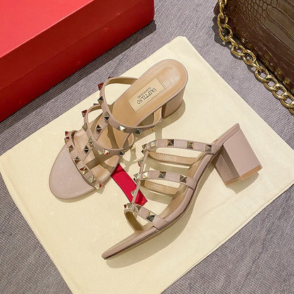 Luxury Women's Shoes Gladiator Shoes Woman 2026 Trend for Women's Sandals Summer Slippers Chunky Heel Leather Rivets High Heels