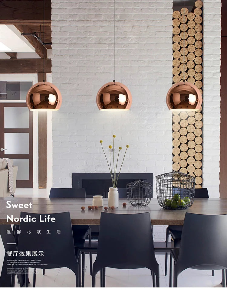 Nordic Rose Gold Pendant Lights Plated Metal Hanging Lamp Fixtures Dining Room Kitchen Island Bar Cafe Indoor Decor Lighting E27
