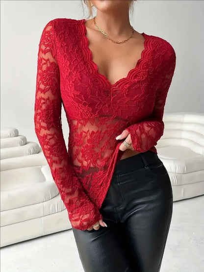 Women Lace V Neck Long Sleeve Sheer Mesh Floral Lace Top Slim Fit See Through Bodycon Jumpsuit for Party Clubwear Daily Wear