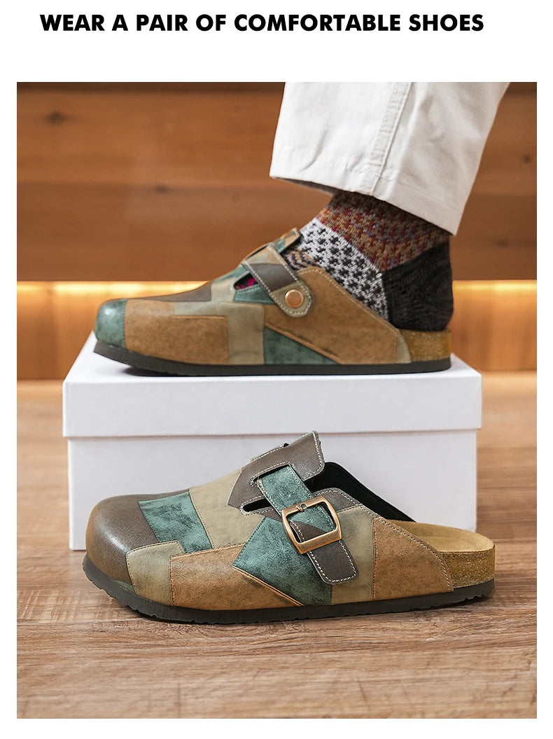 Unisex Cork Closed Toe Slippers Slip-on Clogs Slides Fashion Leather Sandals with Adjustable Buckle Backless Comfort Footbed