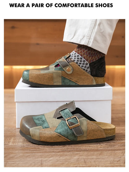 Unisex Cork Closed Toe Slippers Slip-on Clogs Slides Fashion Leather Sandals with Adjustable Buckle Backless Comfort Footbed