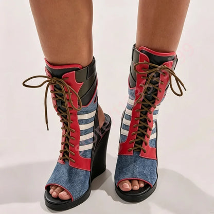 Denim Color Block Open Toe Ankle Boots Women White Stripes Patchwork Front Lace Up Contrast Wedge High Heel Fashion Cutout Boots