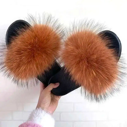 Real Raccoon Fur Slippers For Women 2026 Summer Fluffy Indoor House Fuzzy Flat Slides Outdoor Fashion Beach Sandals Flip Flops