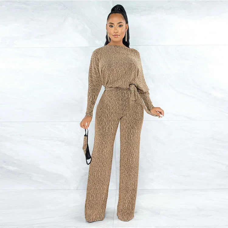 Jumpsuits Women 2022 Spring Long Sleeve High Waist Loose Belt Wide Leg Jumpsuit Elegant Office Ne Piece Outfit Party Overalls