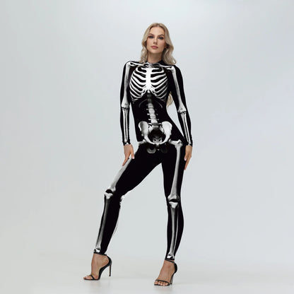 [You're My Secret] Halloween Cosplay Skeleton Zombie Scary Bodysuit 3D Digital Human Skull Printed Zentai Suits Couple Jumpsuits