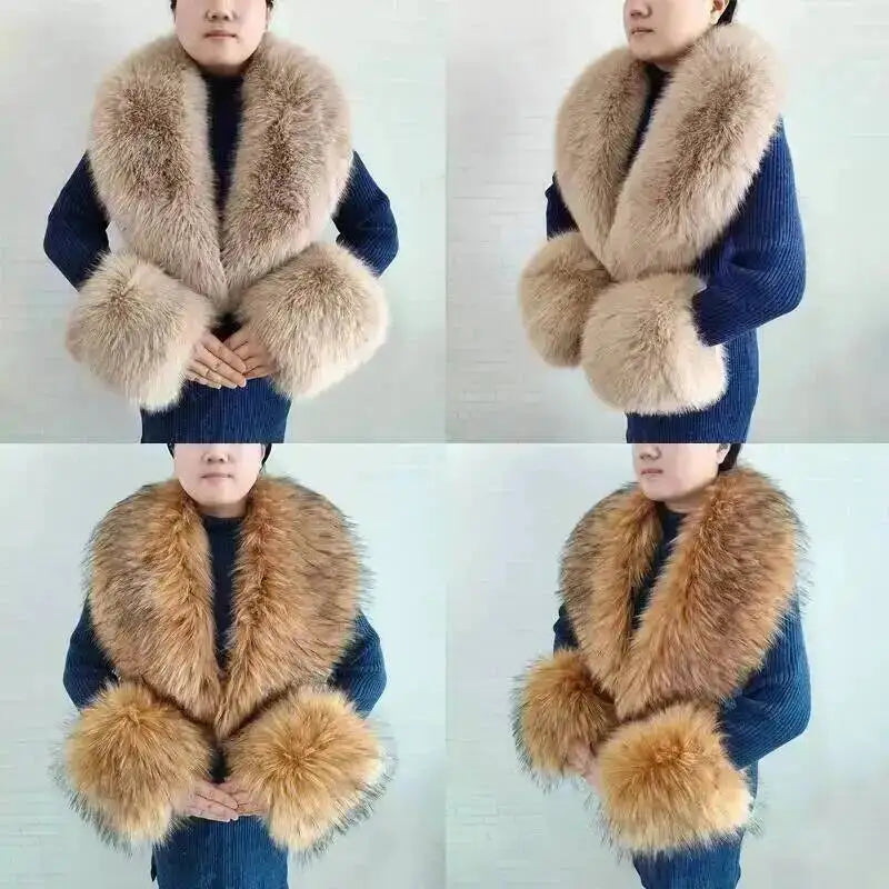 Large Women Faux Fox Fur Scarf Winter Jackets Warm Fluffy Shawl Fashion Artificial Fur Collar And Cuff Set Fluffy Scarves Female