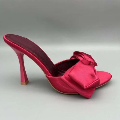 Luxury Satin Silk Bowknot Mule Sandals Woman Chic High Heel Point Toe Stiletto Slides Ladies Elegant Evening Party Dress Shoes