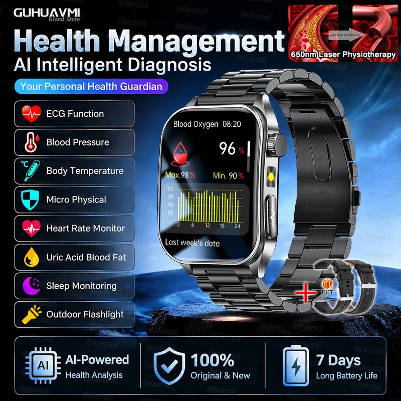 2026 New Non-Invasive Laser Treatment Three High Smart Watch Man ECG Heart Test Blood Fat Uric Acid Smart Watch For Android IOS