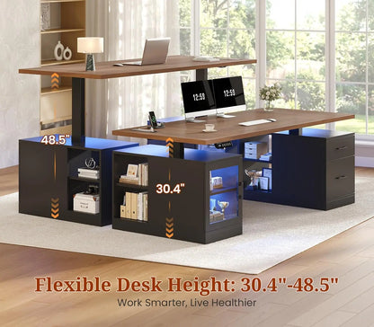 71 in Executive Standing Desk, Electric Height Adjustable Desk with Storage Drawers, Glass Cabinet, Shelves, Power, Customized