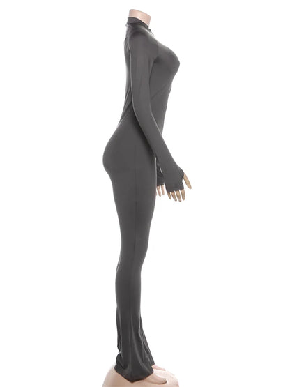 Weird Puss Basic Flared Jumpsuit Women Zip Letter Embroidery Full Sleeve Coquette Stretch Skinny Midnight Party Workout Overalls