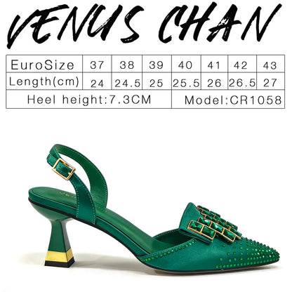 Women Green Satin Slingback High Heels Pointed Toe Emerald Crystal Rhinestone Sandals Wedding Evening Party Formal Dress Pumps