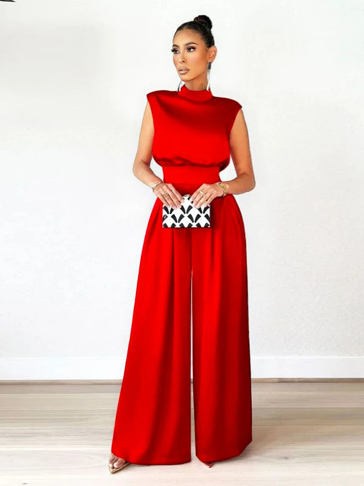 Women's Jumpsuit 2024 Spring Summer New Elegant Wide Leg Pants Bodysuit High Collar Sleeveless Jumpsuits for Women Full Length