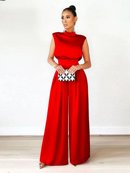Women's Jumpsuit 2024 Spring Summer New Elegant Wide Leg Pants Bodysuit High Collar Sleeveless Jumpsuits for Women Full Length