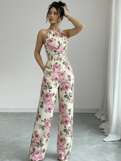 Women Halter Wrap Front Printed Wide Leg Jumpsuit For Casual Streetwear Vacation And Daily Occasion