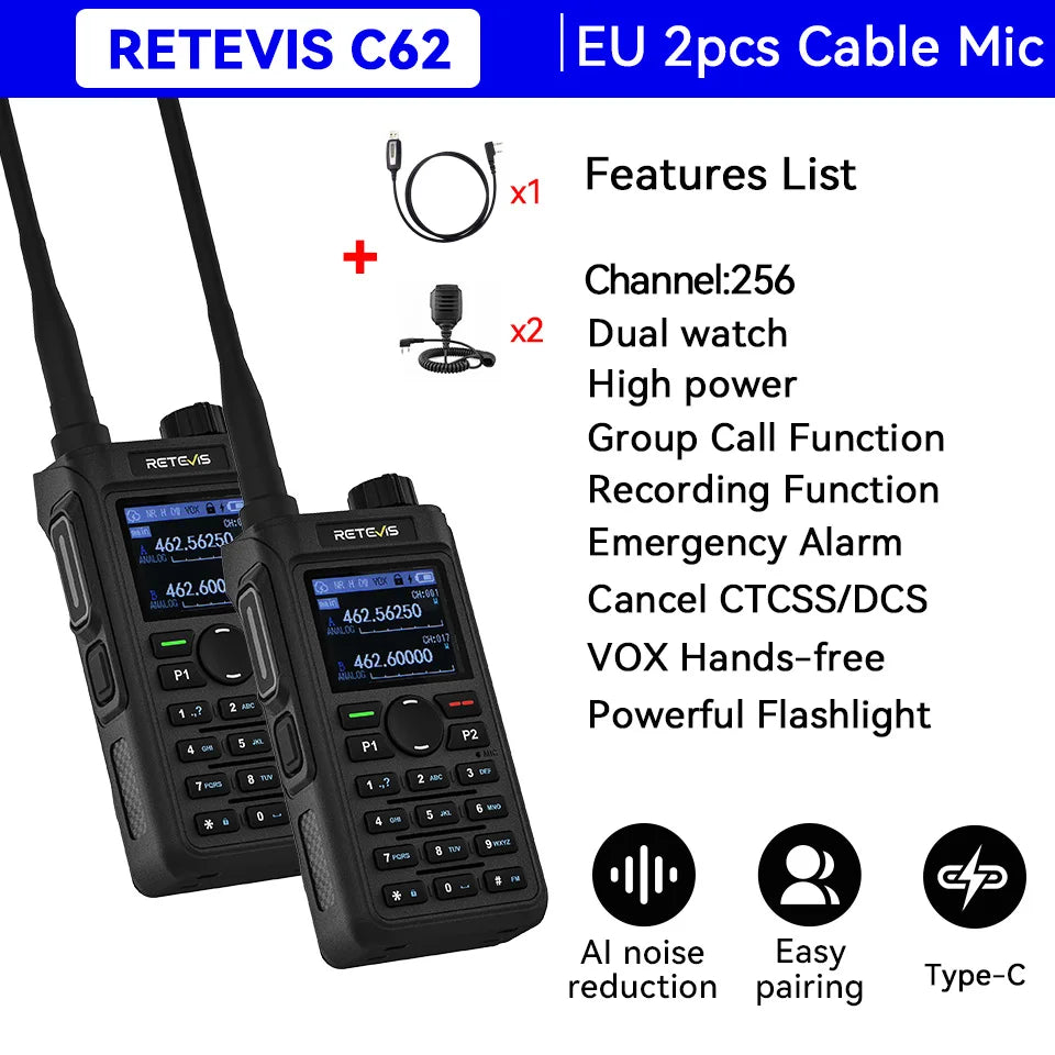 Retevis C62/C2/C22 Walkie Talkie Long Range Communication Radio VHF UHF Ham Radio Station Noise Reduction Group Call Camping