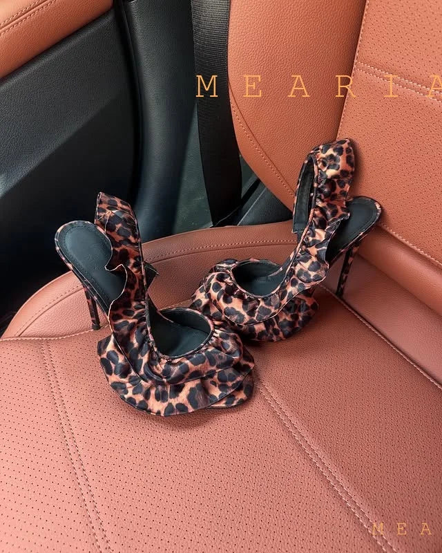 Solid Satin Ruffles Stiletto Sandals Women Elegant Back Strap Sweet Party Flower Shoes Ladies Open Toe Leopard Evening Sandals